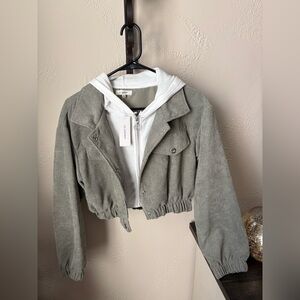Green Corduroy Cropped Jacket with Off White Hoodie
